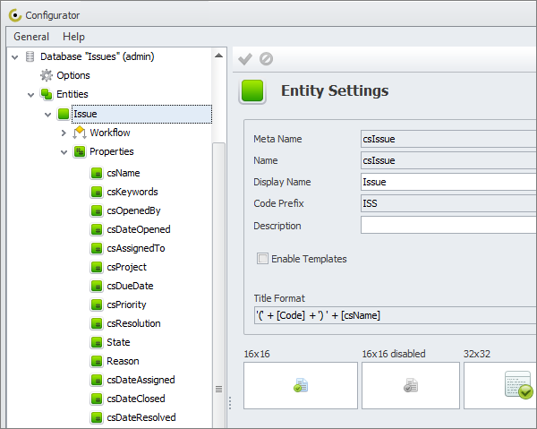 issue entity and properties