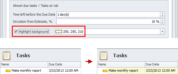 task due date highlight almost due task background