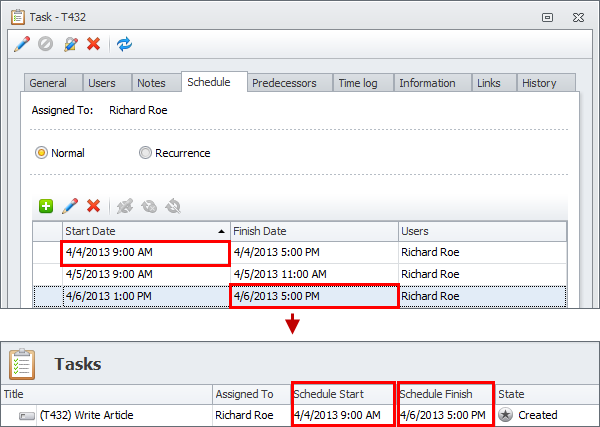 task schedule start and finish