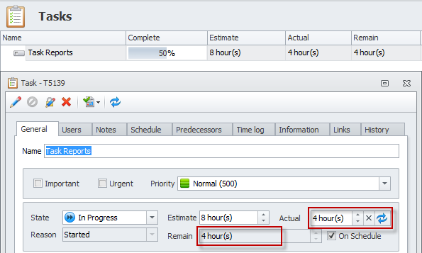 track task progress task completion actual remain