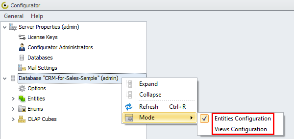 using database crm for sales sample configurator modes