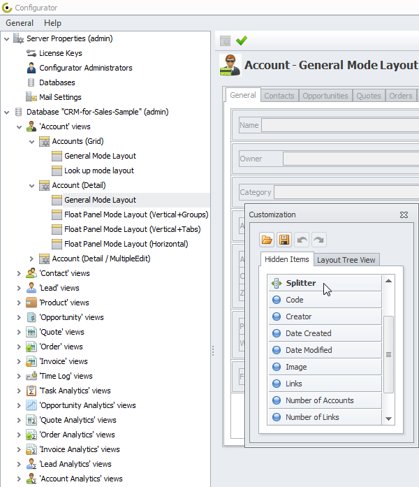 using database crm for sales sample views configuration mode