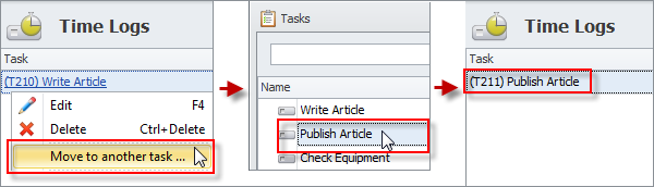 Time logs can be moved from one task to another