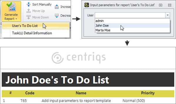 input parameters for report template