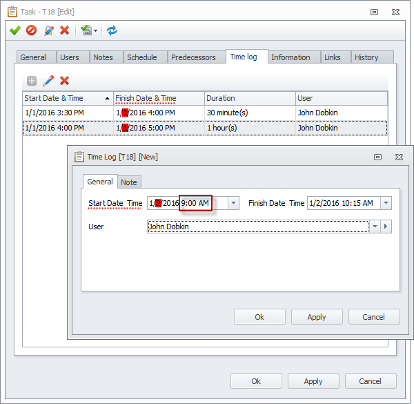 new day time log default start date time