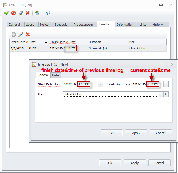 time log default start finish date time