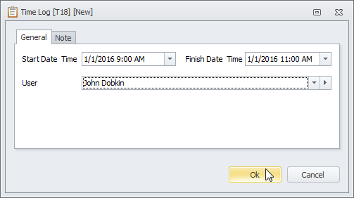 time log dialog box